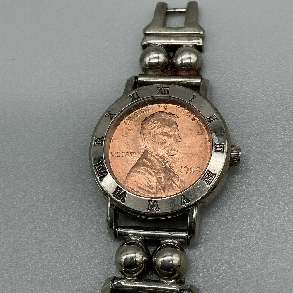 Vintage Jalga Womens Watch 25mm Bronze Dial Silver Tone Penny Coin Band 8.5